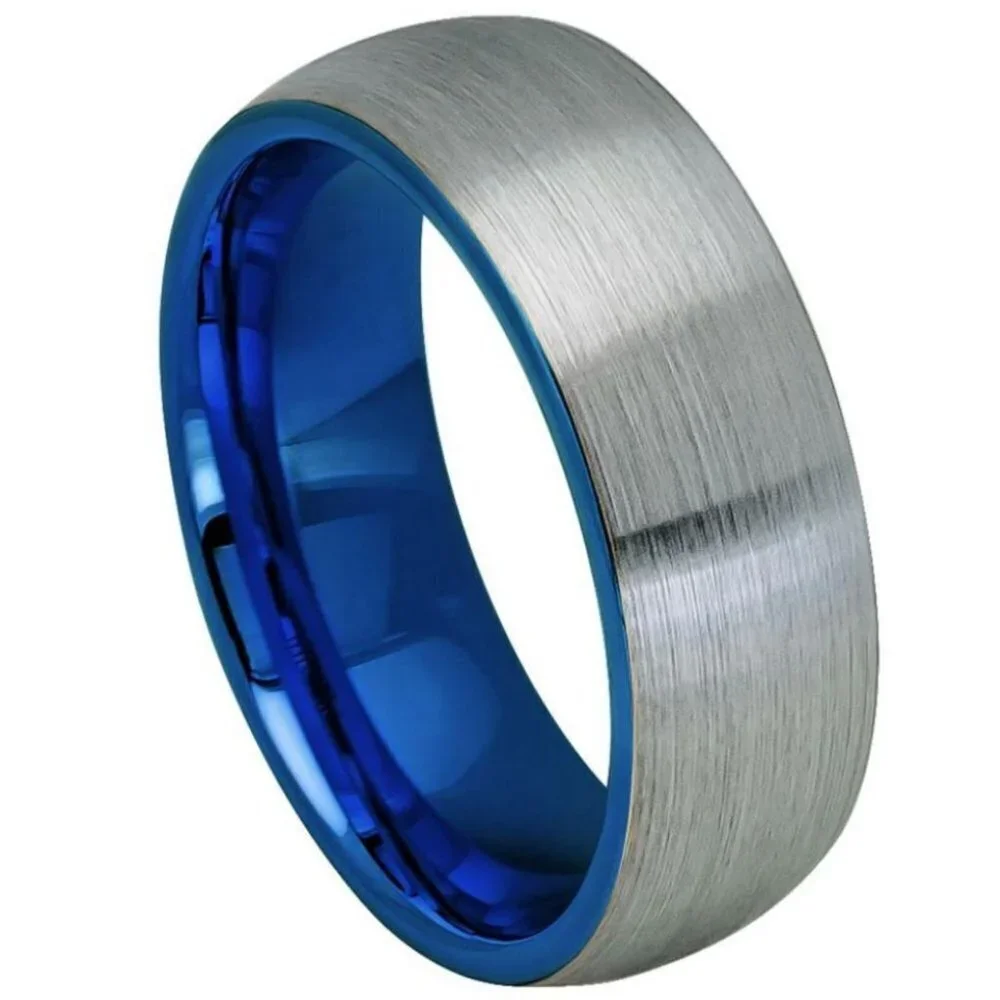 8mm Domed Blue Silver Tungsten Ring Wedding Band